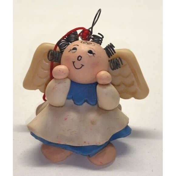 Clay Angel Vintage Christmas Tree Ornament Small Coil Hair Folk Art Primitive - Picture 4 of 7
